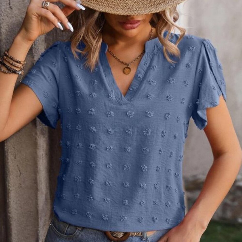 V-Neck Chiffon Swiss Dot Top with Petal Sleeves Shirt "BLUE"